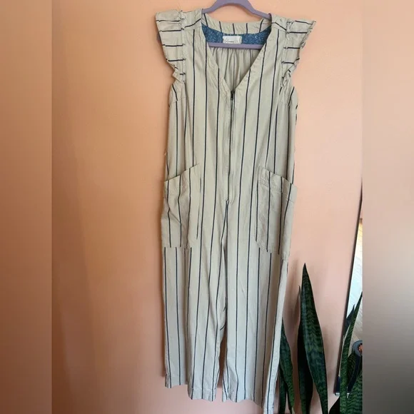 Anthropologie Cream Jumpsuit with Navy Stripes size 14 - Picture 3 of 6